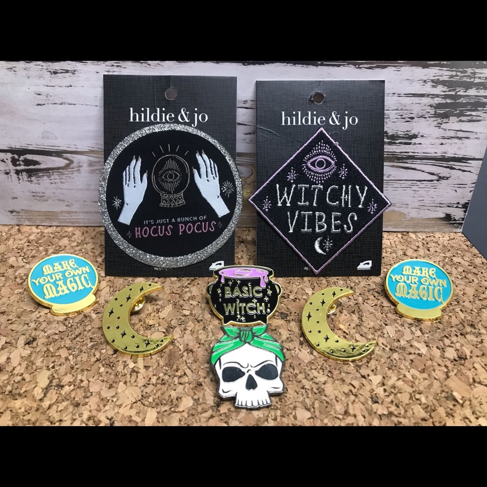 Witch Themed Bundle! 2 iron-on appliques and 4 enamel pins